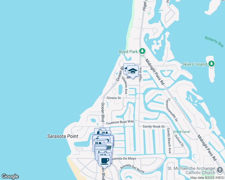 map of restaurants, bars, coffee shops, grocery stores, and more near 6901 Bochi Circle in Siesta Key