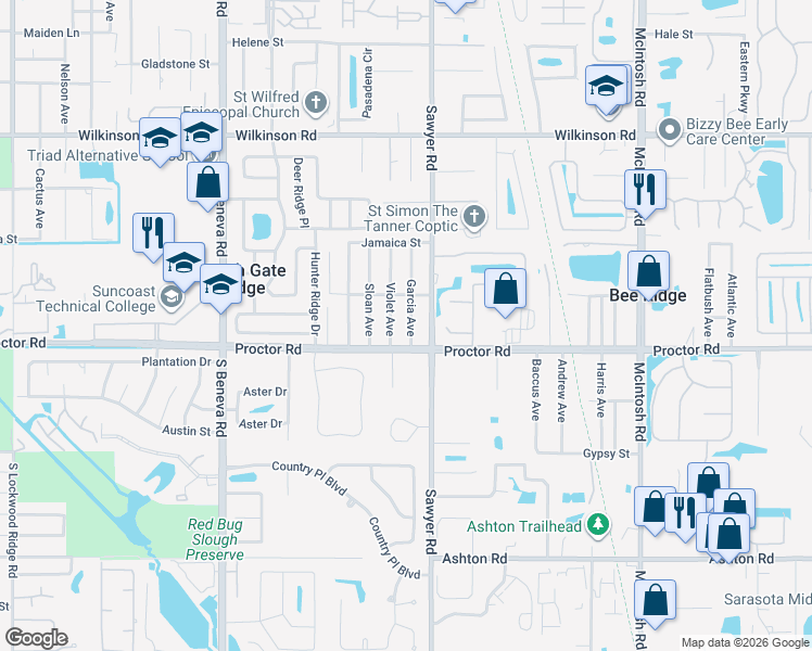 map of restaurants, bars, coffee shops, grocery stores, and more near 4734 Garcia Avenue in Sarasota