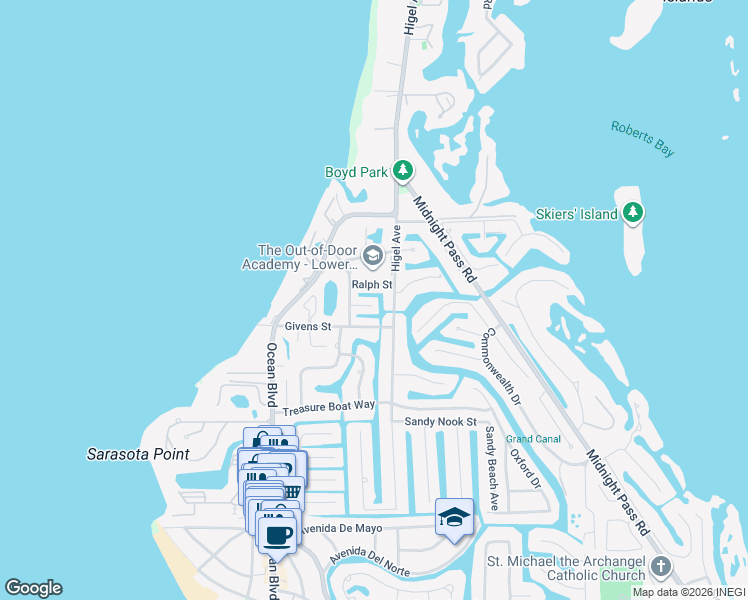 map of restaurants, bars, coffee shops, grocery stores, and more near 525 Cummings Street in Siesta Key