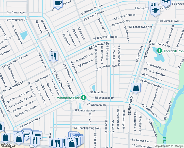 map of restaurants, bars, coffee shops, grocery stores, and more near 482 Southeast Starflower Avenue in Port St. Lucie