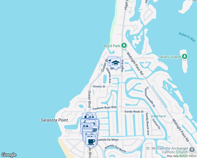 map of restaurants, bars, coffee shops, grocery stores, and more near 6901 Bochi Circle in Siesta Key