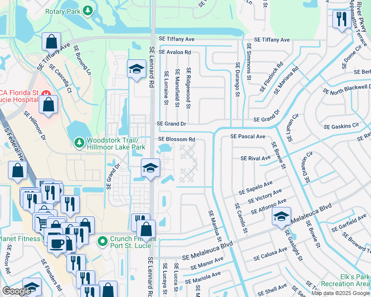 map of restaurants, bars, coffee shops, grocery stores, and more near 102 Southeast Camelot Gardens Boulevard in Port St. Lucie