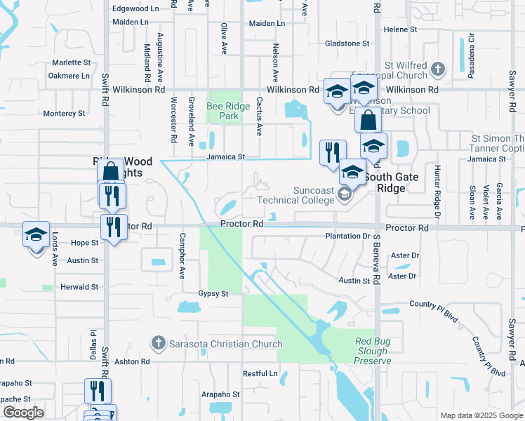 map of restaurants, bars, coffee shops, grocery stores, and more near 3271 Proctor Road in Sarasota