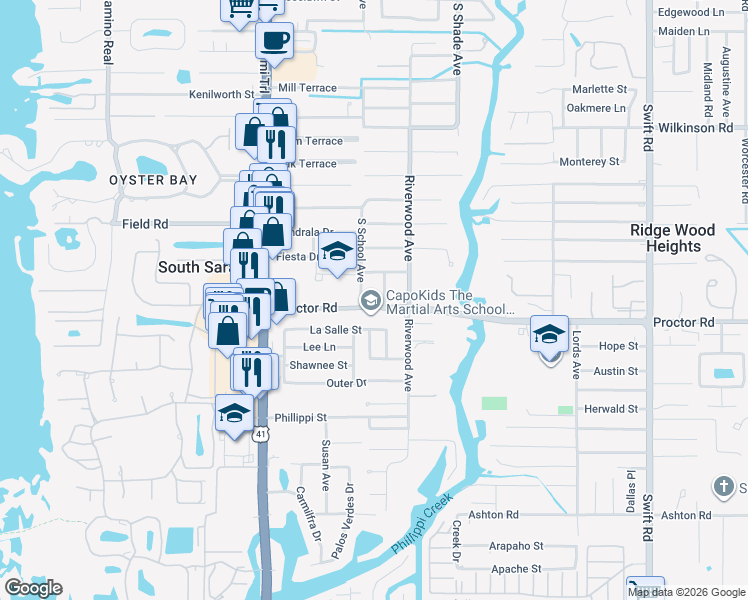 map of restaurants, bars, coffee shops, grocery stores, and more near 4717 Crystal Avenue in Sarasota