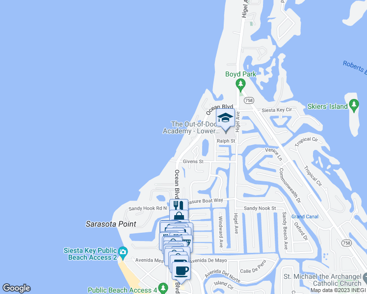 map of restaurants, bars, coffee shops, grocery stores, and more near 4708 Ocean Boulevard in Siesta Key