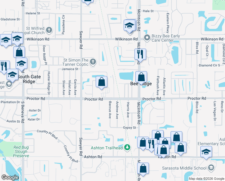 map of restaurants, bars, coffee shops, grocery stores, and more near 4740 Woodward Place in Sarasota