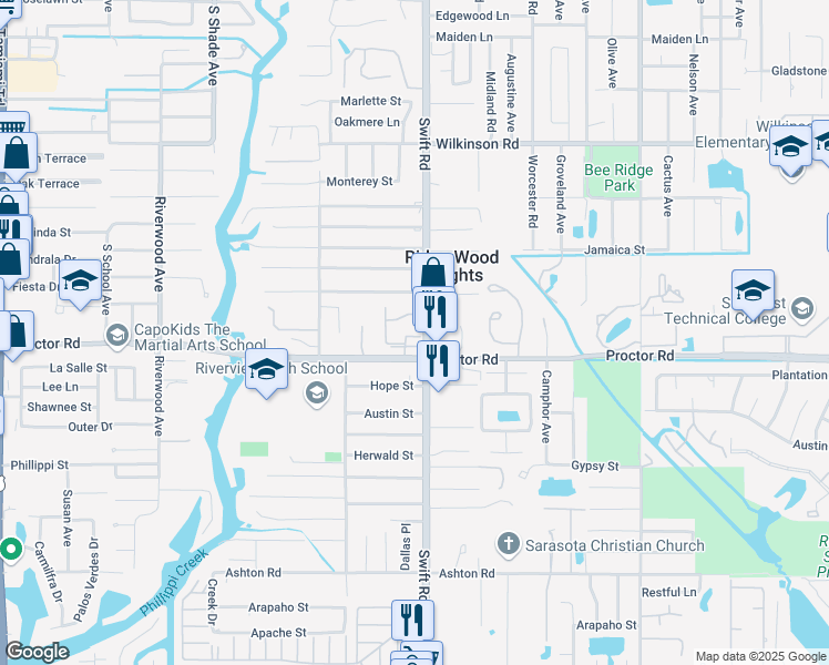 map of restaurants, bars, coffee shops, grocery stores, and more near 2765 Woodgate Lane in Sarasota
