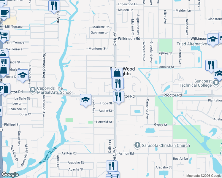 map of restaurants, bars, coffee shops, grocery stores, and more near 2765 Woodgate Lane in Sarasota