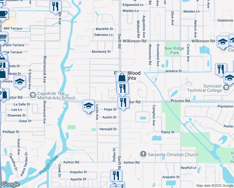 map of restaurants, bars, coffee shops, grocery stores, and more near 2765 Woodgate Lane in Sarasota