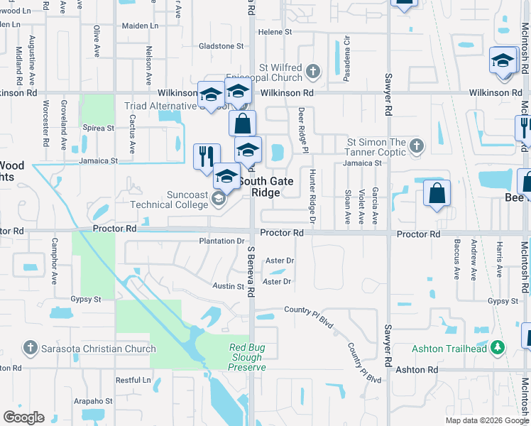 map of restaurants, bars, coffee shops, grocery stores, and more near 4735 Lark Ridge Circle in Sarasota