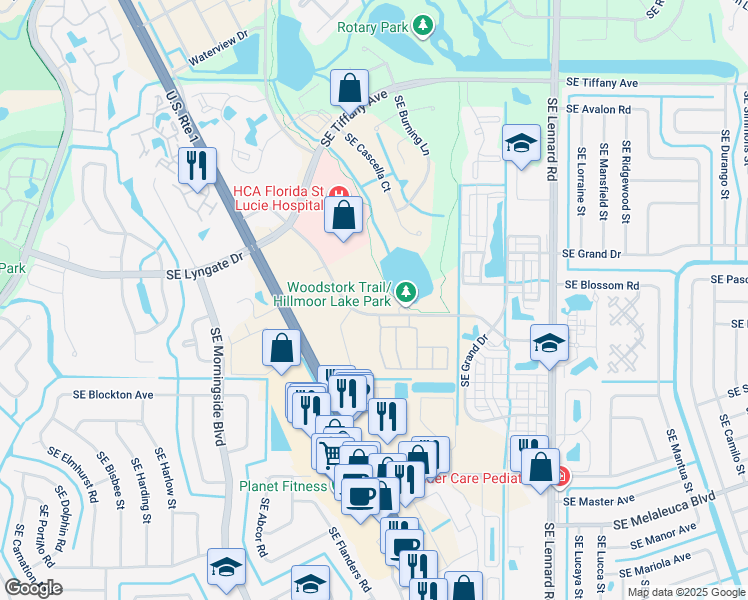 map of restaurants, bars, coffee shops, grocery stores, and more near 1801 Southeast Hillmoor Drive in Port St. Lucie