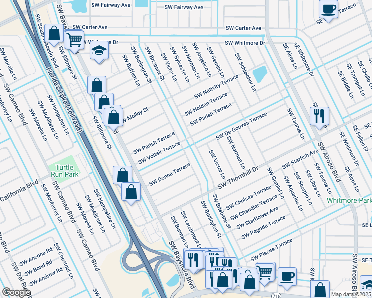 map of restaurants, bars, coffee shops, grocery stores, and more near 1897 Southwest Burlington Street in Port St. Lucie