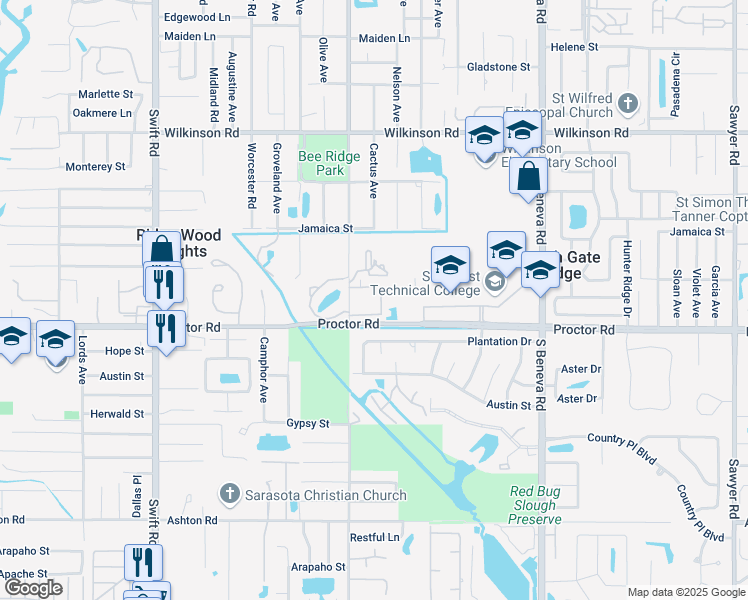 map of restaurants, bars, coffee shops, grocery stores, and more near 3271 Proctor Road in Sarasota