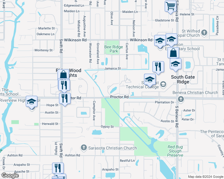 map of restaurants, bars, coffee shops, grocery stores, and more near 3147 Lake Park Lane in Sarasota