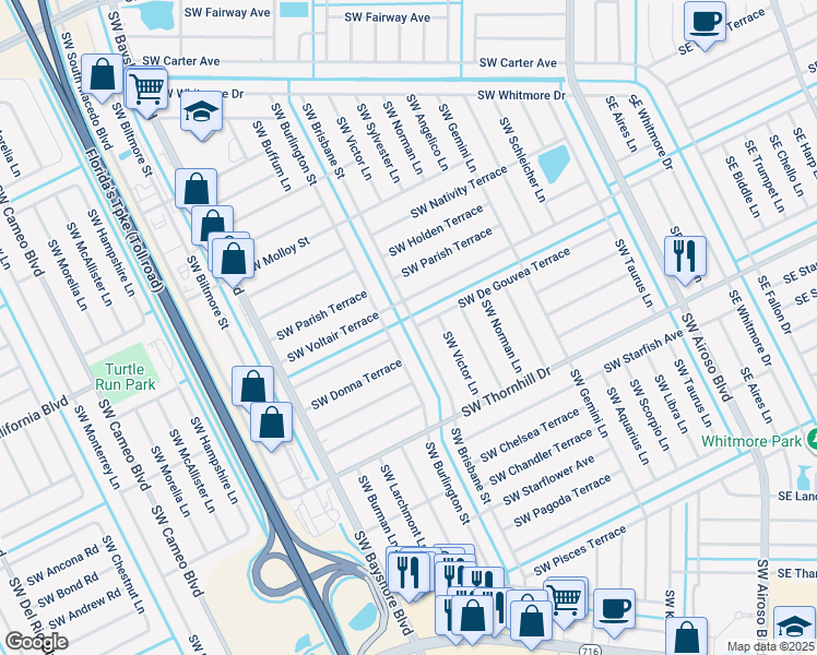 map of restaurants, bars, coffee shops, grocery stores, and more near 1897 Southwest Burlington Street in Port St. Lucie