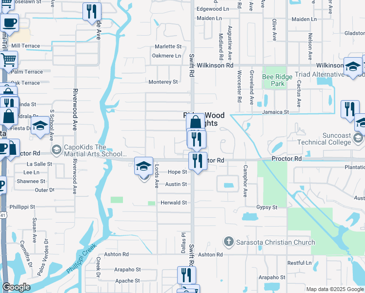 map of restaurants, bars, coffee shops, grocery stores, and more near 2765 Woodgate Lane in Sarasota
