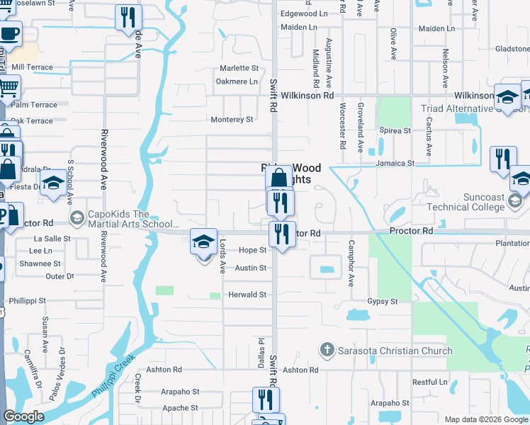 map of restaurants, bars, coffee shops, grocery stores, and more near 2765 Woodgate Lane in Sarasota