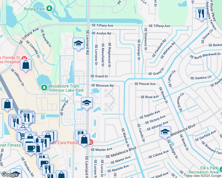 map of restaurants, bars, coffee shops, grocery stores, and more near 102 Southeast Camelot Gardens Boulevard in Port St. Lucie