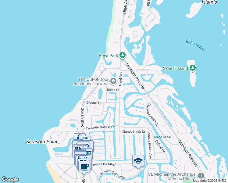 map of restaurants, bars, coffee shops, grocery stores, and more near 525 Cummings Street in Siesta Key