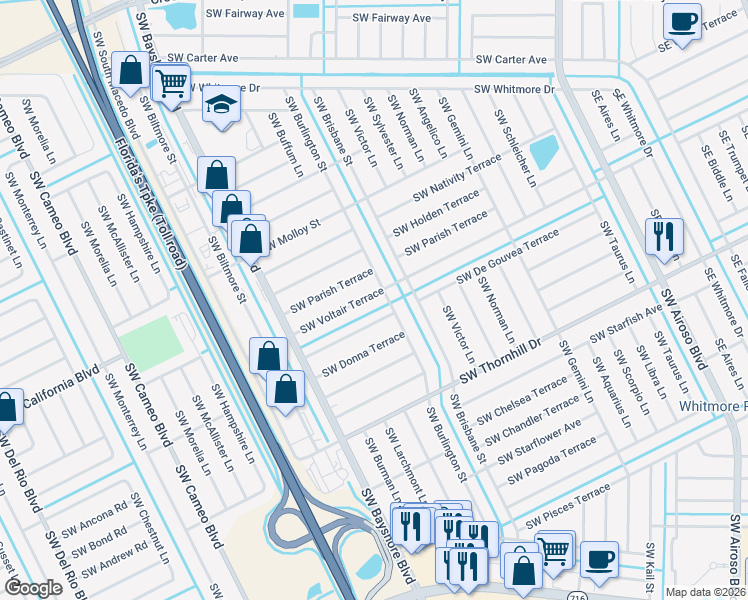 map of restaurants, bars, coffee shops, grocery stores, and more near 332 Southwest Voltair Terrace in Port St. Lucie