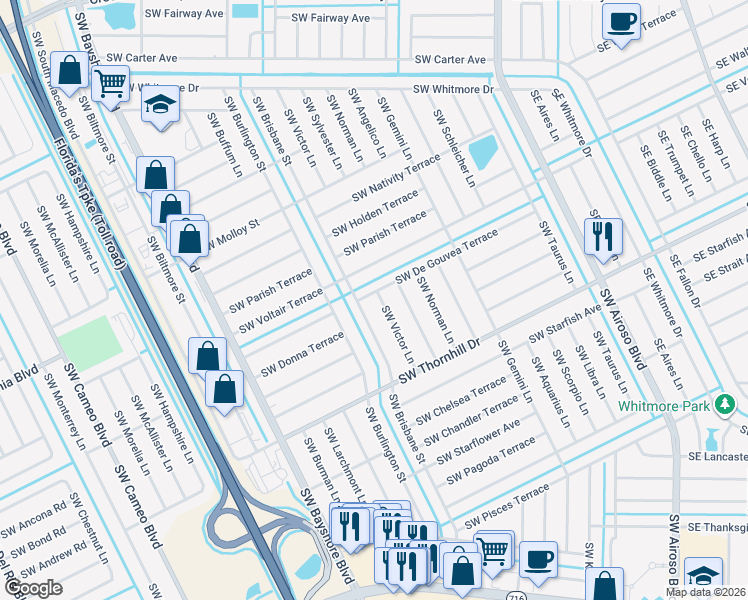 map of restaurants, bars, coffee shops, grocery stores, and more near 266 Southwest De Gouvea Terrace in Port St. Lucie