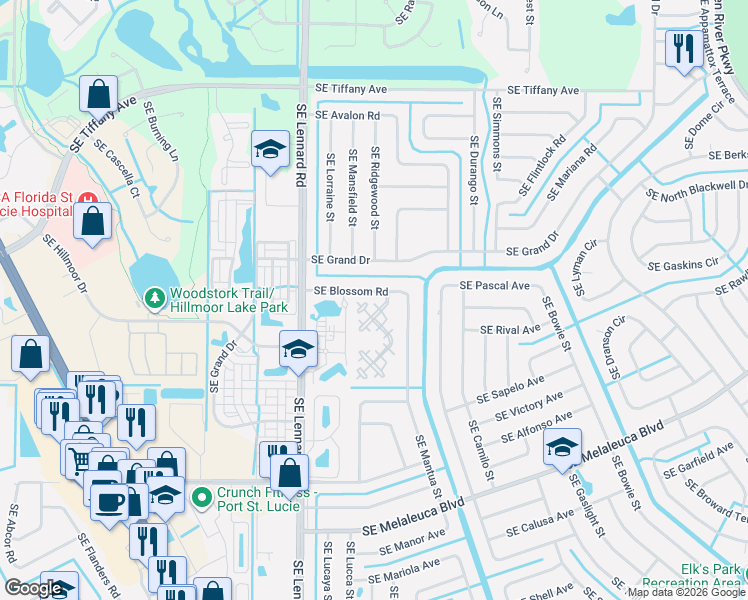 map of restaurants, bars, coffee shops, grocery stores, and more near 102 Southeast Camelot Gardens Boulevard in Port St. Lucie