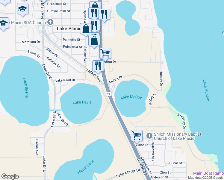 map of restaurants, bars, coffee shops, grocery stores, and more near Florida 25 in Lake Placid