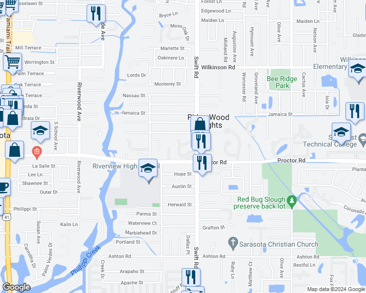 map of restaurants, bars, coffee shops, grocery stores, and more near 2765 Woodgate Lane in Sarasota