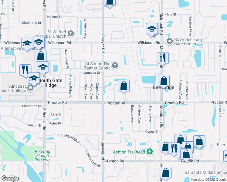 map of restaurants, bars, coffee shops, grocery stores, and more near 4766 Country Manor Drive in Sarasota