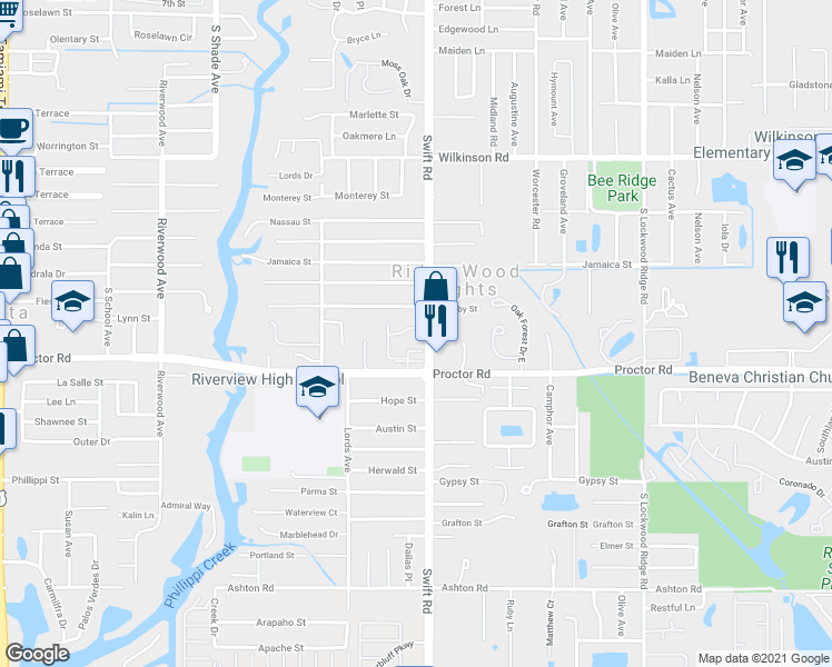 map of restaurants, bars, coffee shops, grocery stores, and more near 2597 Woodgate Lane in Sarasota