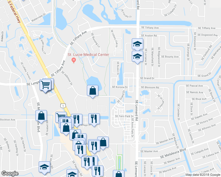 map of restaurants, bars, coffee shops, grocery stores, and more near 1902 Southeast Korona Drive in Port St. Lucie