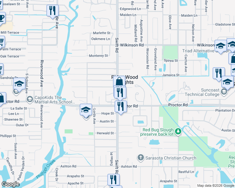 map of restaurants, bars, coffee shops, grocery stores, and more near 4779 Swift Road in Sarasota