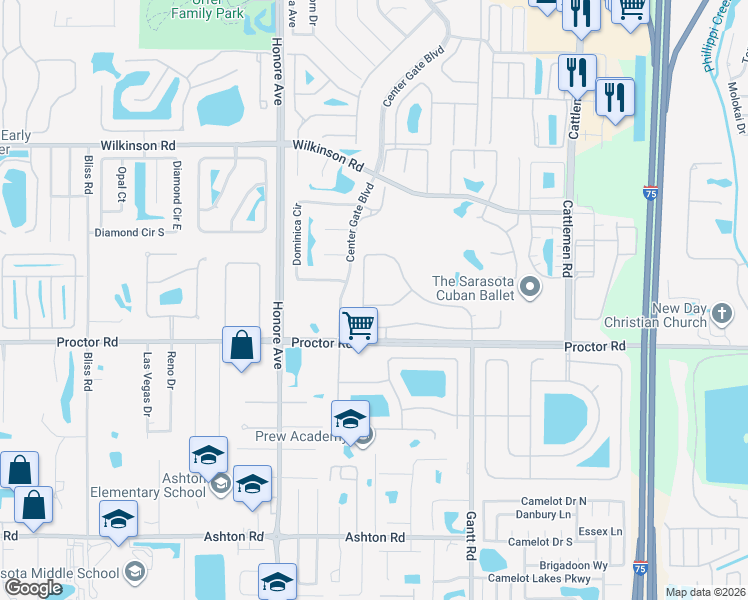 map of restaurants, bars, coffee shops, grocery stores, and more near 5588 Eastwind Drive in Sarasota