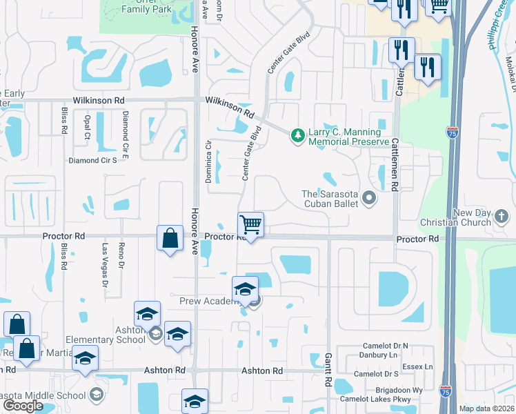 map of restaurants, bars, coffee shops, grocery stores, and more near 5588 Eastwind Drive in Sarasota