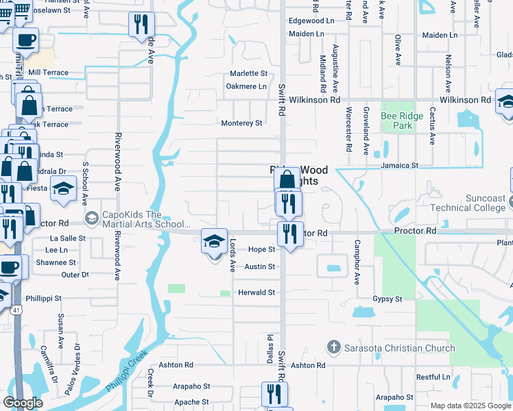 map of restaurants, bars, coffee shops, grocery stores, and more near 4769 Sonada Court in Sarasota