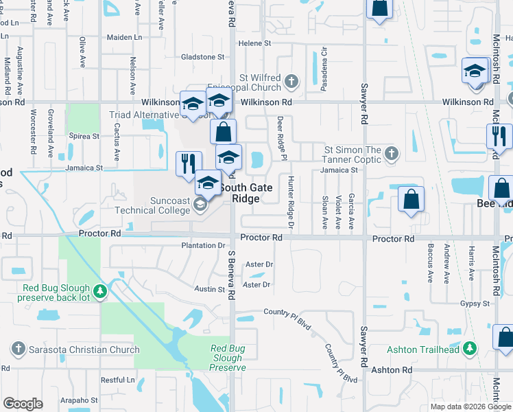 map of restaurants, bars, coffee shops, grocery stores, and more near 4723 Lark Ridge Circle in Sarasota