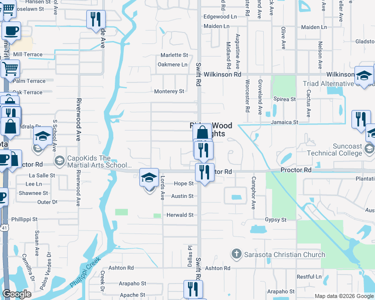 map of restaurants, bars, coffee shops, grocery stores, and more near 2765 Woodgate Lane in Sarasota