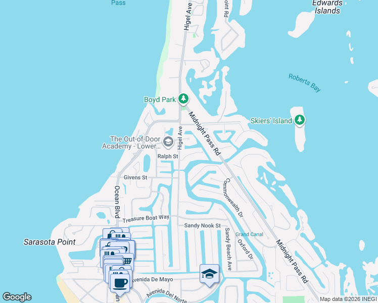 map of restaurants, bars, coffee shops, grocery stores, and more near 606 Lotus Lane in Siesta Key
