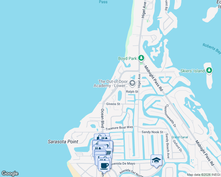 map of restaurants, bars, coffee shops, grocery stores, and more near 4660 Ocean Boulevard in Siesta Key