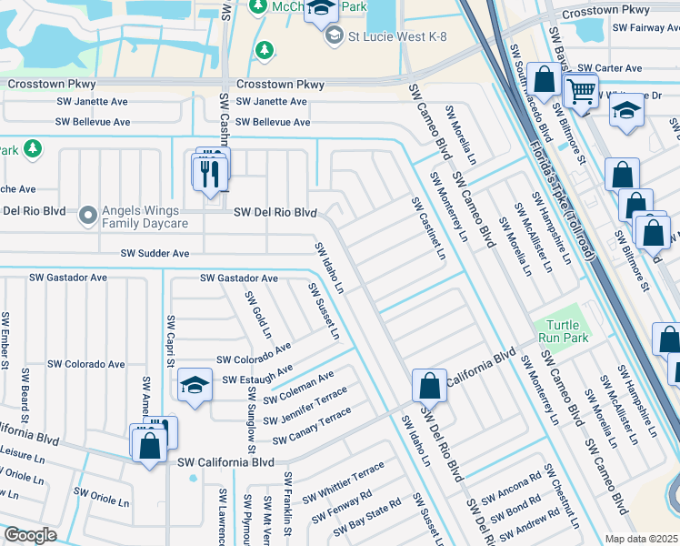 map of restaurants, bars, coffee shops, grocery stores, and more near 1122 Southwest Del Rio Boulevard in Port St. Lucie