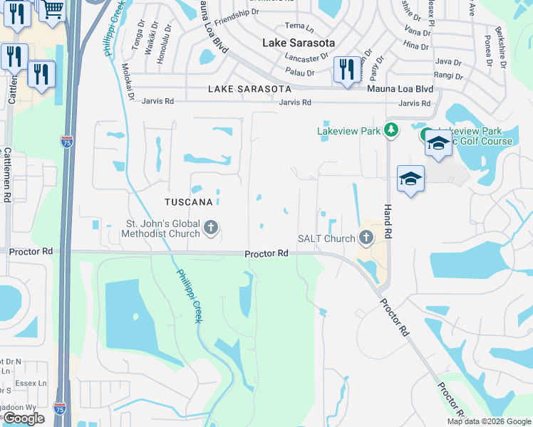 map of restaurants, bars, coffee shops, grocery stores, and more near 4645 Hackamore Road in Sarasota