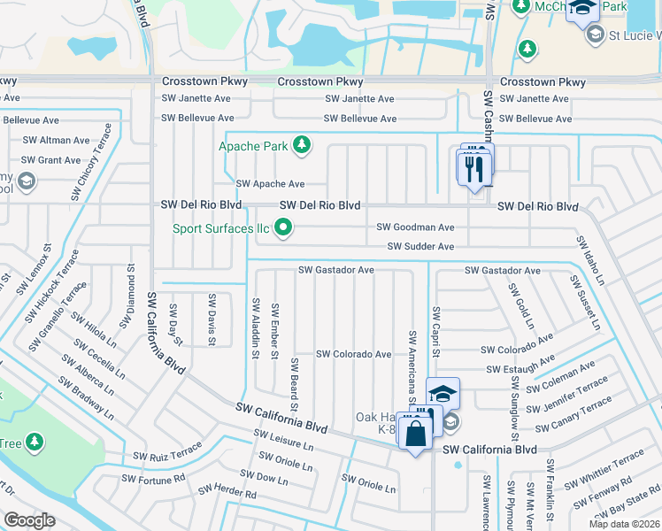 map of restaurants, bars, coffee shops, grocery stores, and more near 1430 Southwest Sudder Avenue in Port St. Lucie