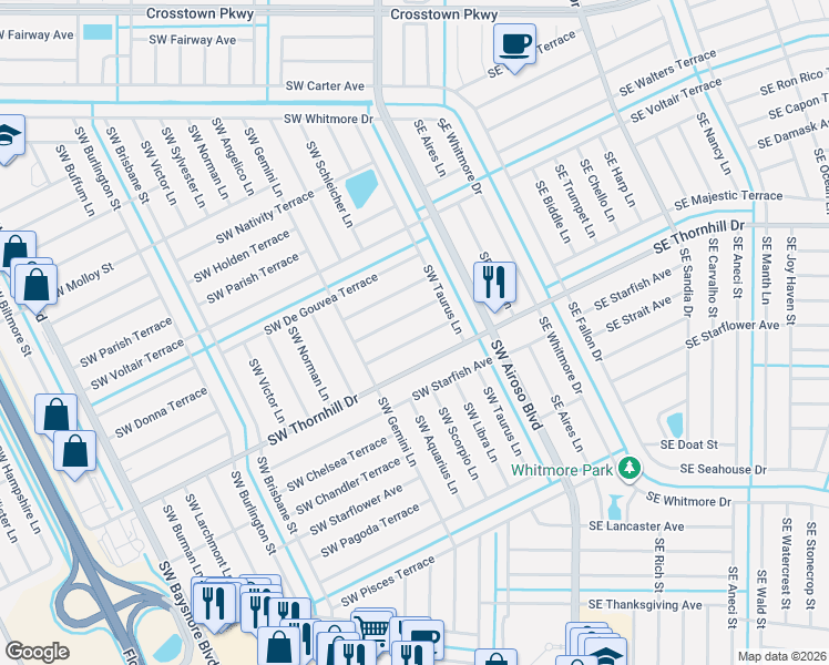 map of restaurants, bars, coffee shops, grocery stores, and more near 108 Southwest Grimaldo Terrace in Port St. Lucie