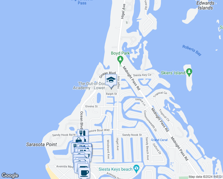 map of restaurants, bars, coffee shops, grocery stores, and more near 444 Reid St in Sarasota