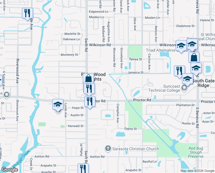 map of restaurants, bars, coffee shops, grocery stores, and more near 4635 Oak Forest Drive East in Sarasota