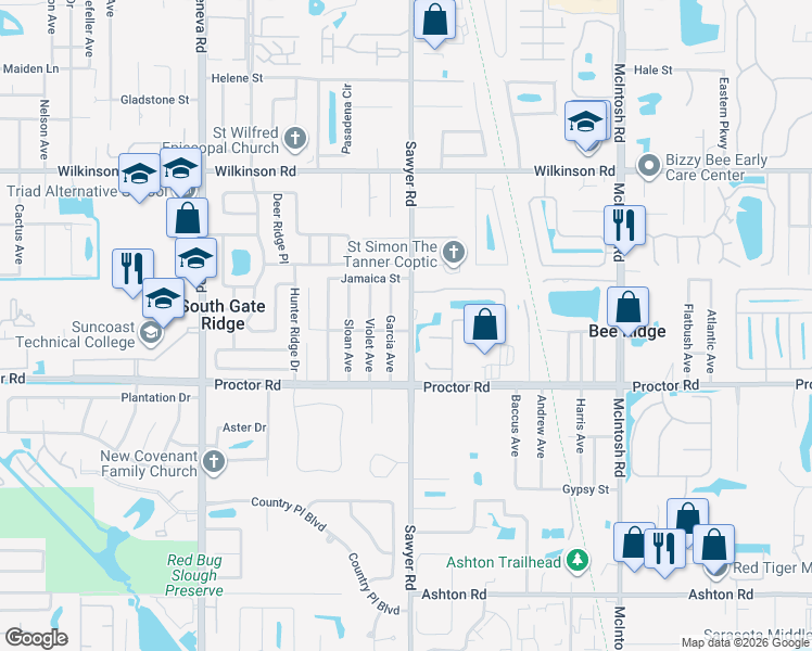 map of restaurants, bars, coffee shops, grocery stores, and more near 4652 Sawyer Road in Sarasota