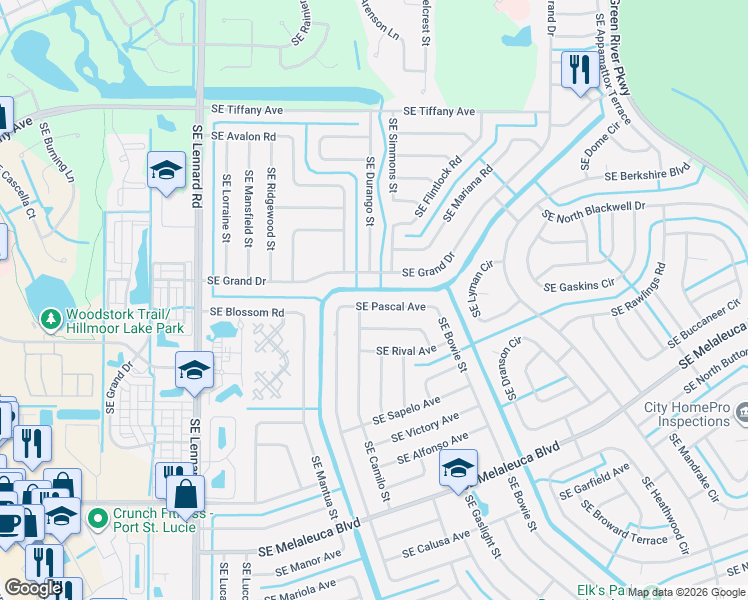map of restaurants, bars, coffee shops, grocery stores, and more near 2418 Southeast Grand Drive in Port St. Lucie