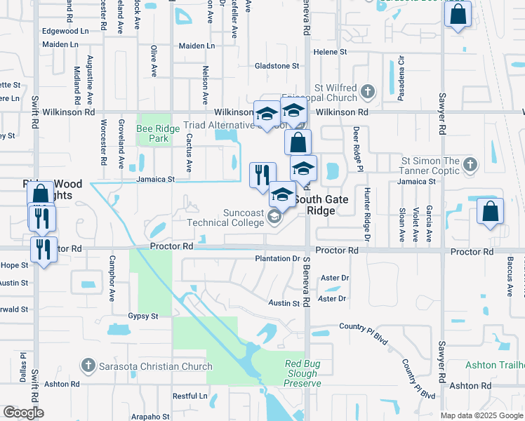 map of restaurants, bars, coffee shops, grocery stores, and more near 4650 South Beneva Road in Sarasota