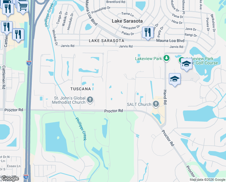 map of restaurants, bars, coffee shops, grocery stores, and more near 4645 Hackamore Road in Sarasota