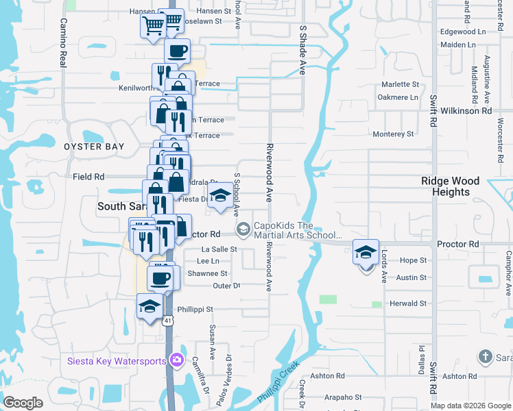 map of restaurants, bars, coffee shops, grocery stores, and more near 2304 Fiesta Drive in Sarasota